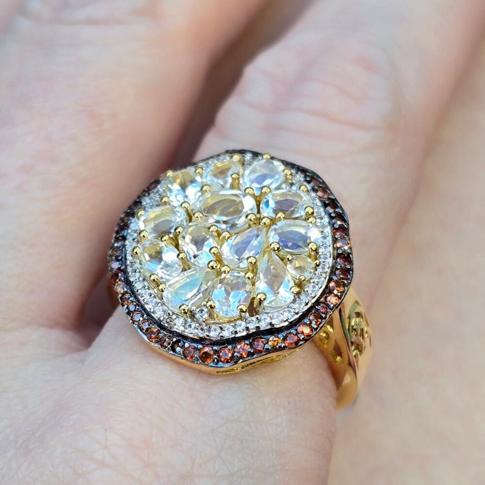 Malagasy Moonstone ✦ Multi Sapphire Cluster Ring ✦ 18K Vermeil Sterling Silver 9 - Picture 9 of 14